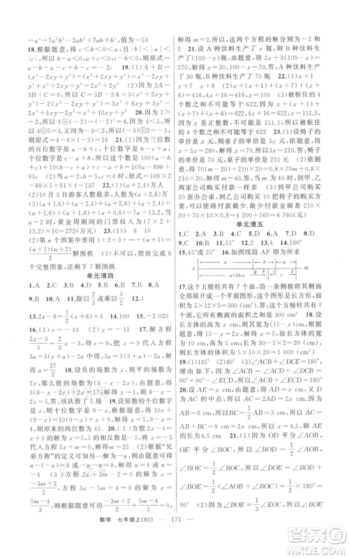 新疆青少年出版社2021四清导航七年级上册数学人教版河南专版参考答案