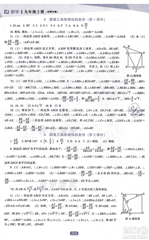 辽海出版社2021新课程数学能力培养九年级上册北师大版答案