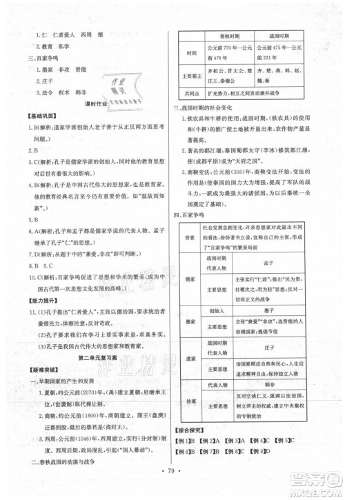 长江少年儿童出版社2021长江全能学案同步练习册历史七年级上册人教版答案