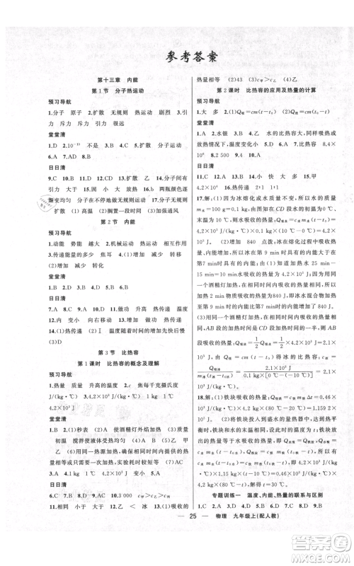 新疆青少年出版社2021四清导航九年级上册物理人教版参考答案