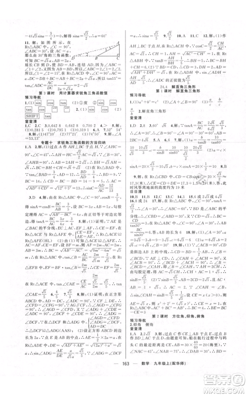 新疆青少年出版社2021四清导航九年级上册数学华师大版参考答案