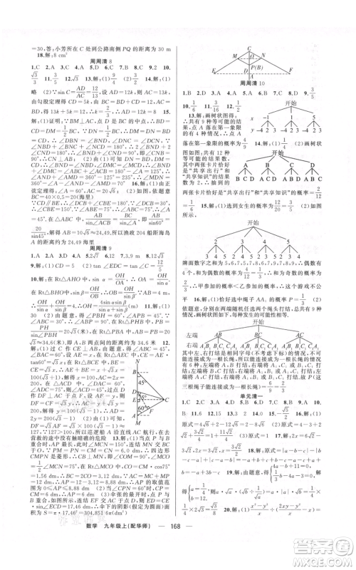 新疆青少年出版社2021四清导航九年级上册数学华师大版参考答案