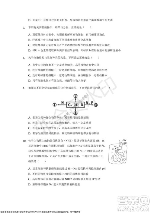 重庆市2021-2022学年10月月度质量检测高三生物试题及答案