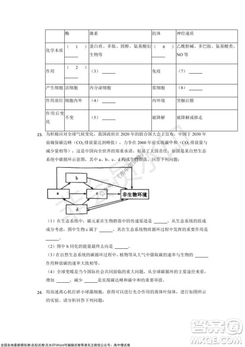 重庆市2021-2022学年10月月度质量检测高三生物试题及答案