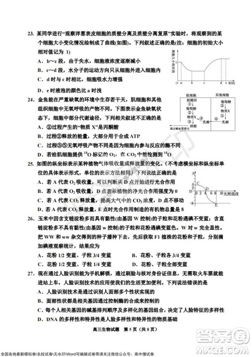 吉林市普通中学2021-2022学年度高中毕业班第一次调研测试生物试题及答案