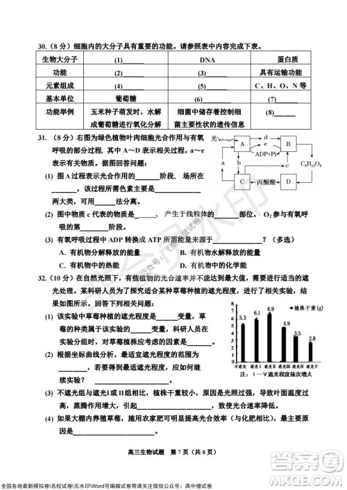 吉林市普通中学2021-2022学年度高中毕业班第一次调研测试生物试题及答案