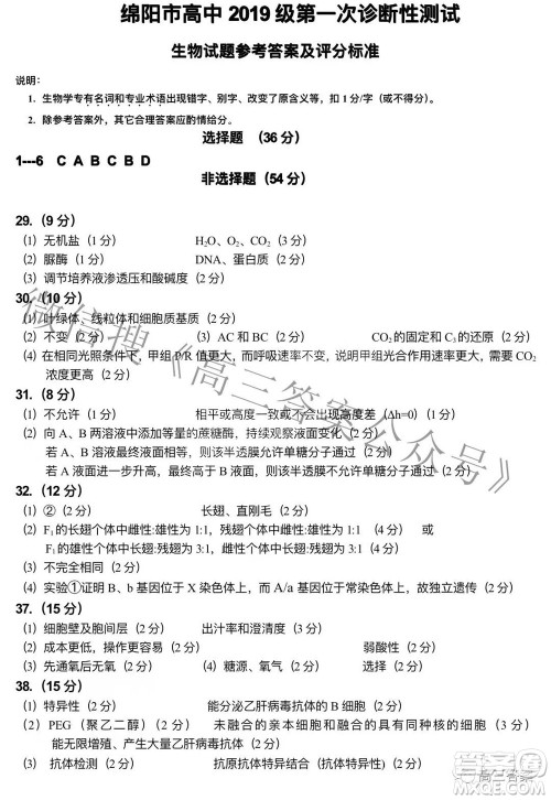 绵阳市高中2019级第一次诊断性考试理科综合试题及答案