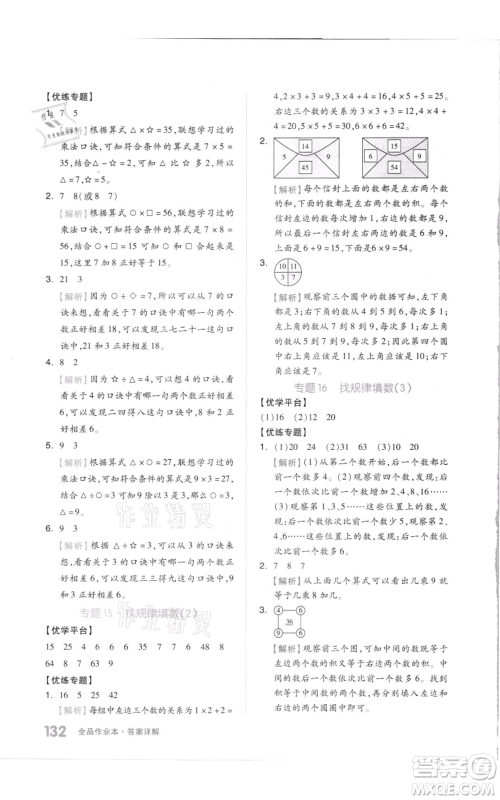 天津人民出版社2021全品作业本二年级上册数学苏教版参考答案