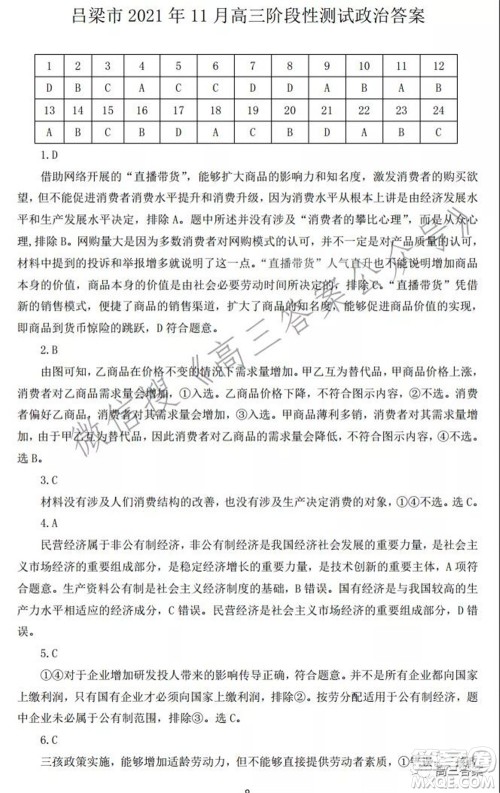 吕梁市2021年11月高三阶段性测试政治试题及答案 吕梁市2021年11月高三阶段性测试政治试题及答案