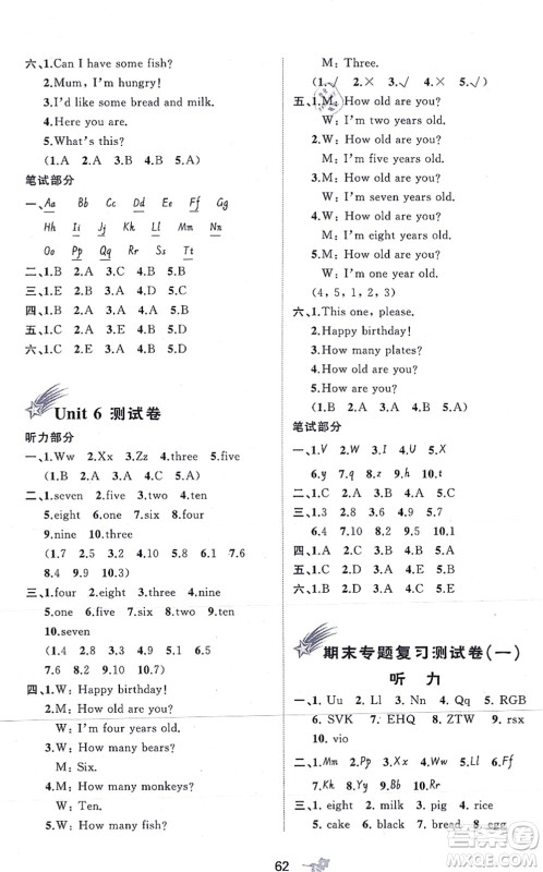 广西教育出版社2021新课程学习与测评单元双测三年级英语上册人教版A版答案