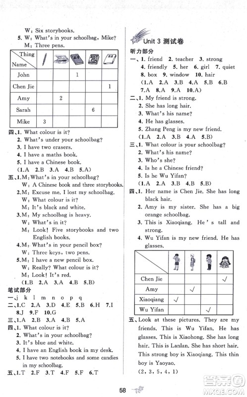 广西教育出版社2021新课程学习与测评单元双测四年级英语上册人教版A版答案