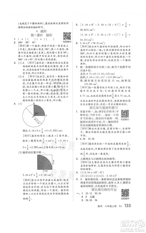 天津人民出版社2021全品作业本六年级上册数学人教版参考答案