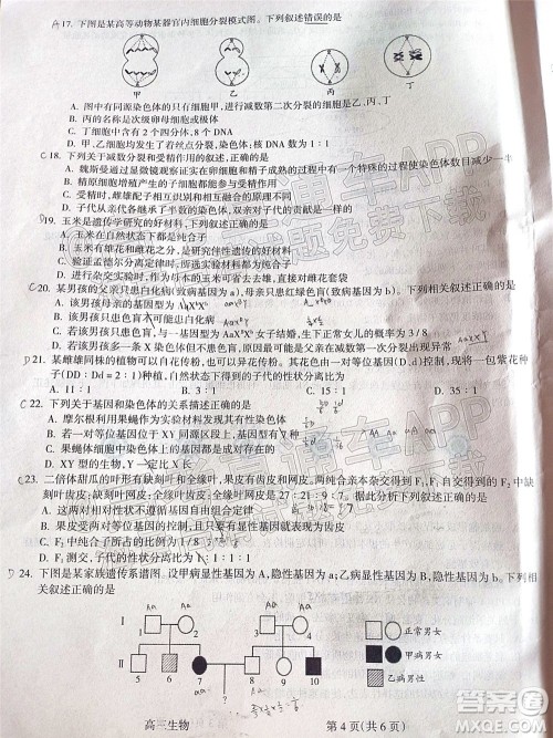 吕梁市2021年11月高三阶段性测试生物试题及答案