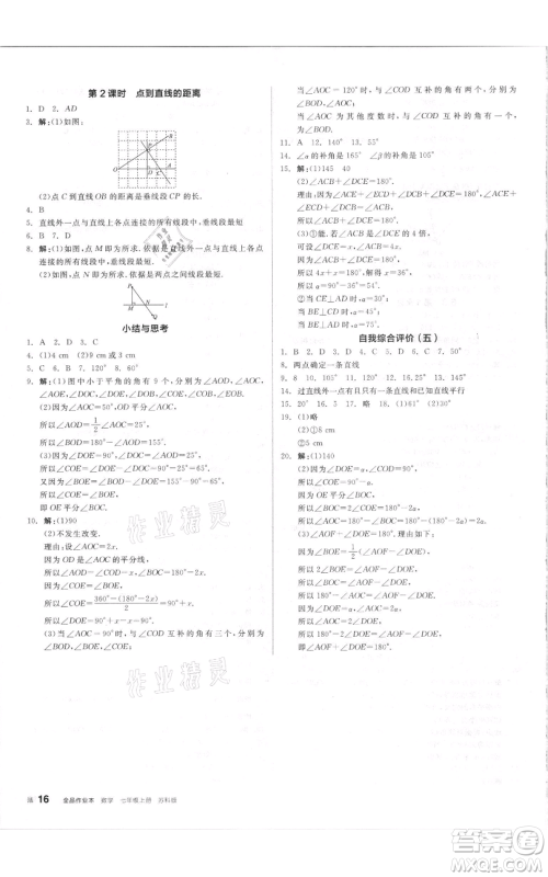 阳光出版社2021全品作业本七年级上册数学苏科版参考答案