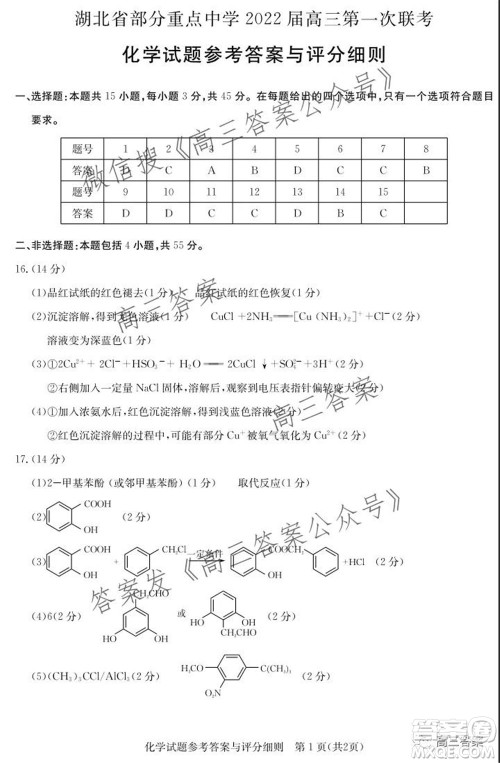 湖北省部分重点中学2022届高三第一次联考化学试题及答案