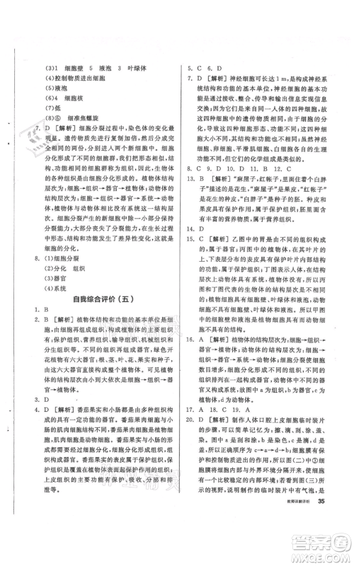 阳光出版社2021全品作业本七年级上册科学华师大版参考答案