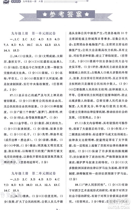 广西教育出版社2021新课程学习与测评单元双测九年级历史全一册人教版A版答案