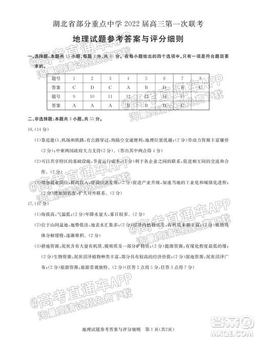 湖北省部分重点中学2022届高三第一次联考地理试题及答案