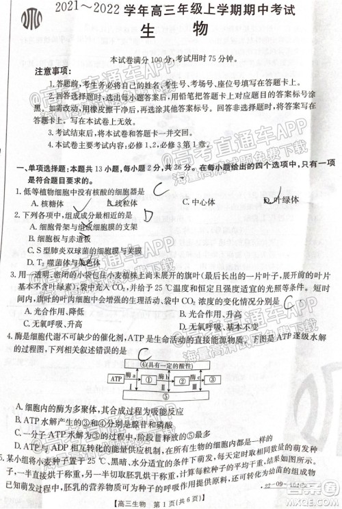 河北2021-2022学年高三年级上学期期中考试生物试题及答案 河北2021-2022学年高三年级上学期期中考试生物试题及答案