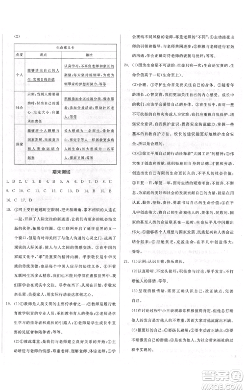 沈阳出版社2021全品作业本七年级上册道德与法治人教版河南专版参考答案