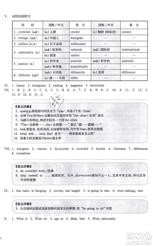 华东师范大学出版社2021一课一练七年级英语N版第一学期华东师大版增强版答案