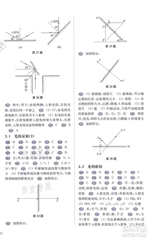 华东师范大学出版社2021一课一练八年级物理第一学期华东师大版答案