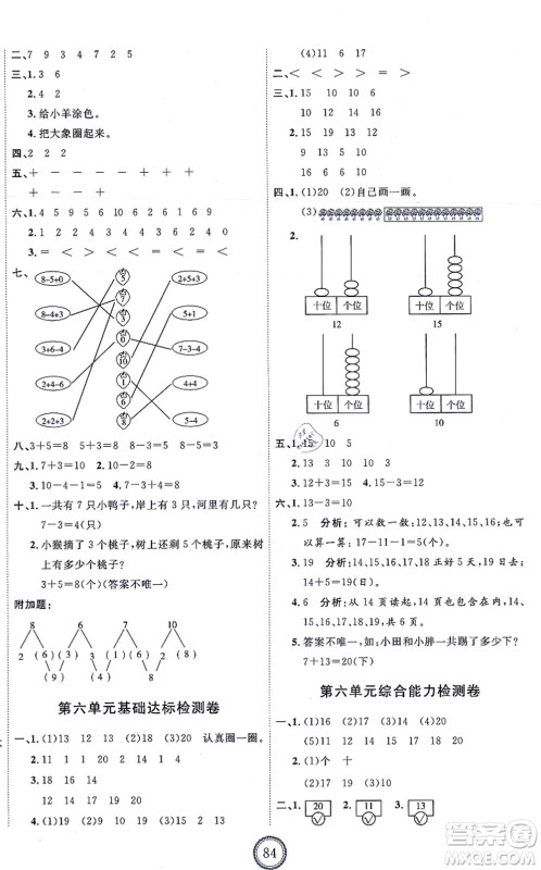 延边教育出版社2021优+密卷一年级数学上册RJ人教版答案