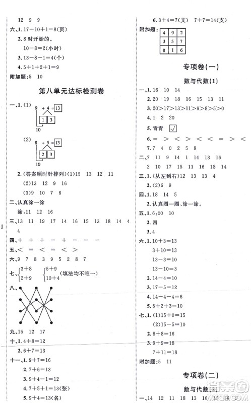 延边教育出版社2021优+密卷一年级数学上册RJ人教版答案