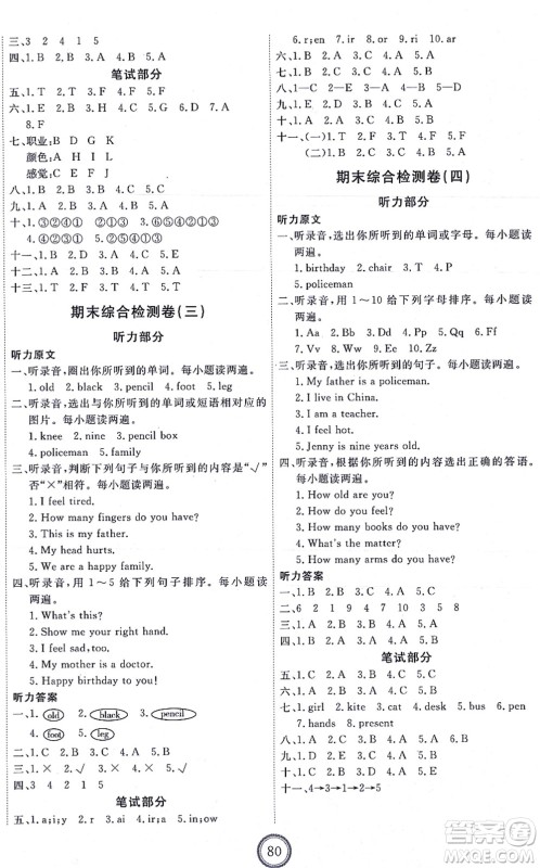 吉林教育出版社2021优+密卷三年级英语上册N版答案