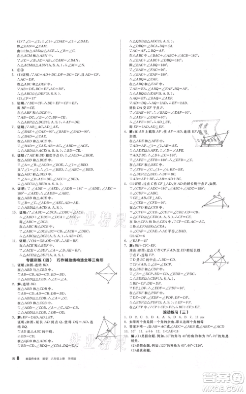 阳光出版社2021全品作业本八年级上册数学华师大版参考答案