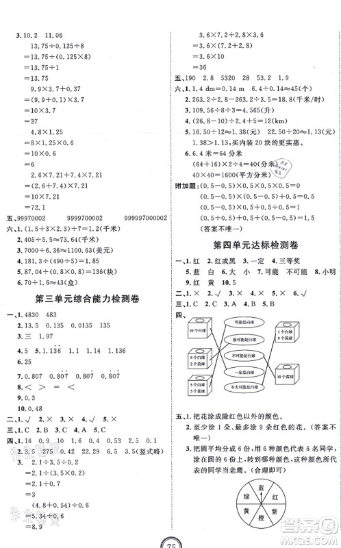 延边教育出版社2021优+密卷五年级数学上册RJ人教版答案