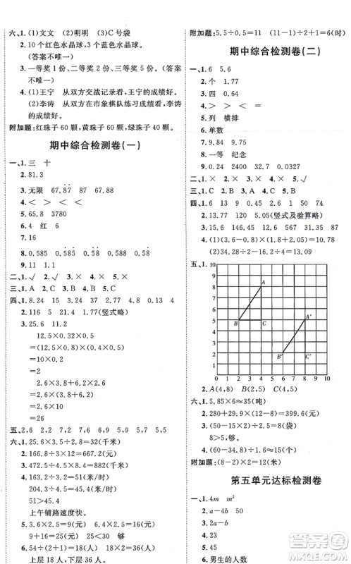 延边教育出版社2021优+密卷五年级数学上册RJ人教版答案