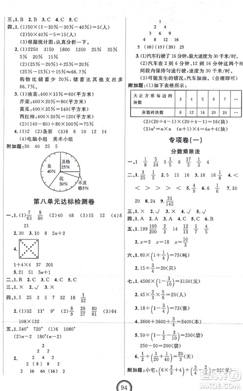 延边教育出版社2021优+密卷六年级数学上册RJ人教版答案