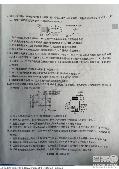 重庆市高2022届高三第三次质量检测生物试题及答案