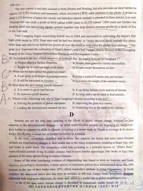 2021年秋季鄂东南省级示范高中教育教学改革联盟学校期中联考高三英语试题及答案 2021年秋季鄂东南省级示范高中教育教学改革联盟学校期中联考高三英语试题及答案