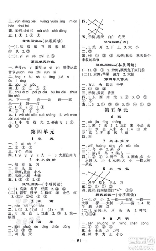 河海大学出版社2021棒棒堂学霸提优课时作业一年级语文上册人教版答案