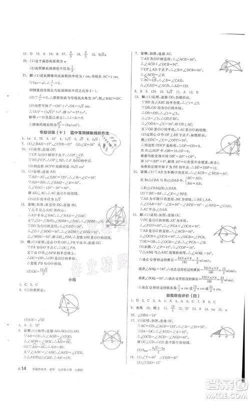 阳光出版社2021全品作业本九年级上册数学人教版参考答案