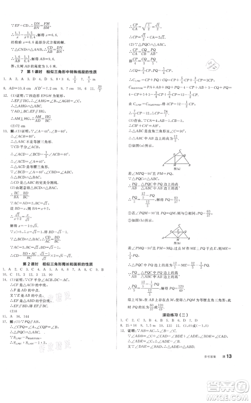 阳光出版社2021全品作业本九年级上册数学北师大版参考答案