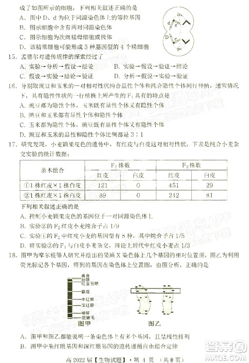 重庆市名校联盟2021-2022学年度第一次联合考试生物试题及答案 重庆市名校联盟2021-2022学年度第一次联合考试生物试题及答案