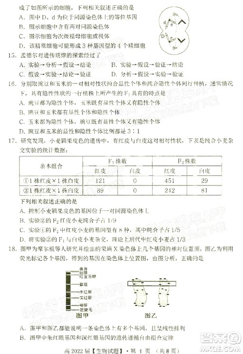 重庆市名校联盟2021-2022学年度第一次联合考试生物试题及答案