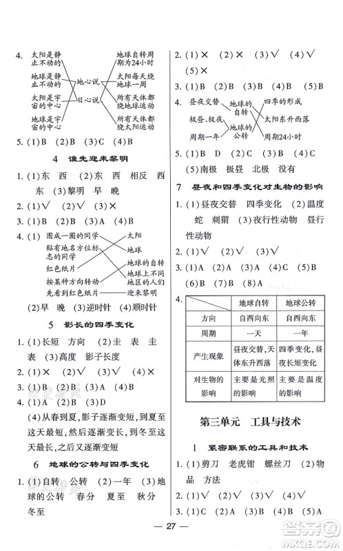 宁夏人民教育出版社2021棒棒堂学霸课时作业六年级科学上册JK教科版答案