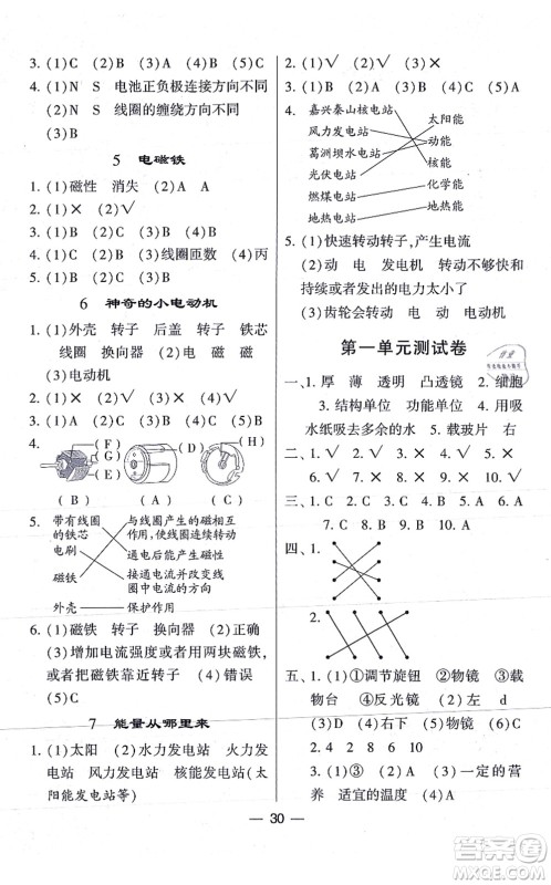 宁夏人民教育出版社2021棒棒堂学霸课时作业六年级科学上册JK教科版答案