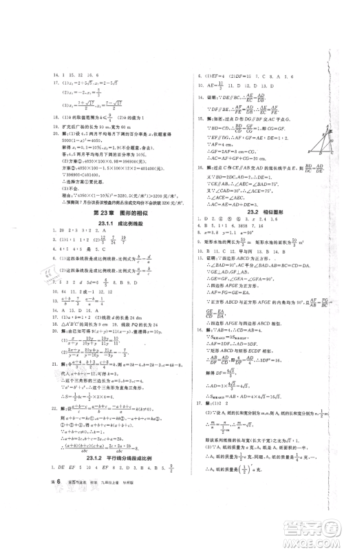 阳光出版社2021全品作业本九年级上册数学华师大版参考答案