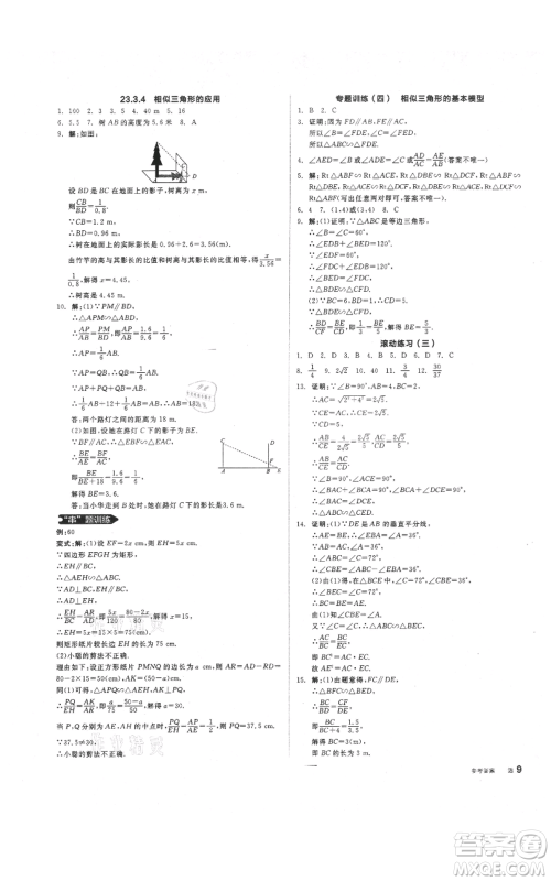 阳光出版社2021全品作业本九年级上册数学华师大版参考答案