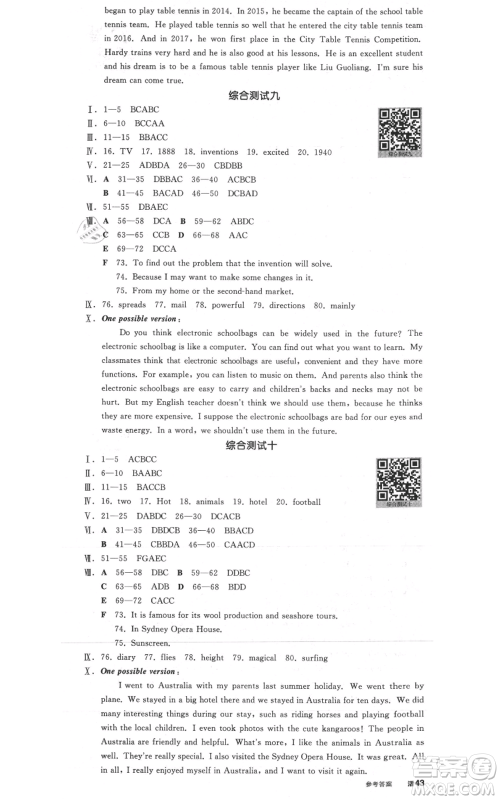 河北科学技术出版社2021全品作业本九年级英语外研版合肥专版参考答案