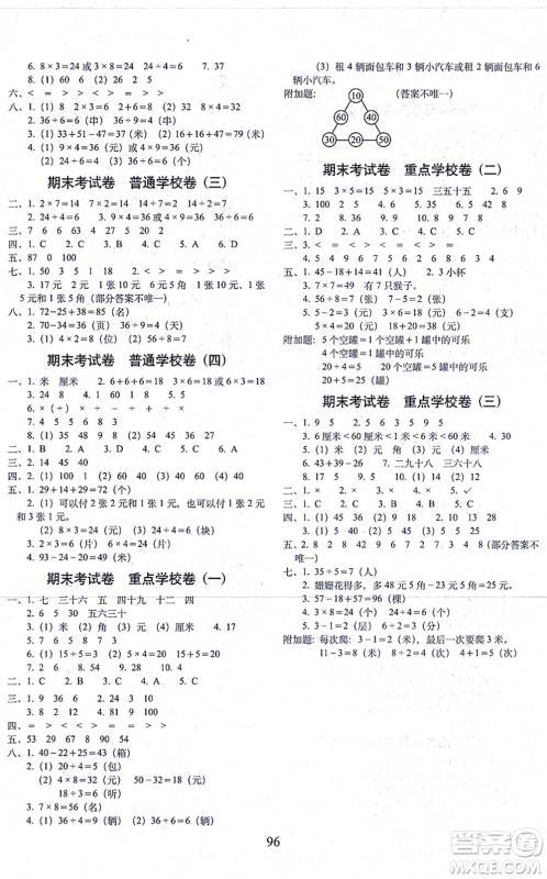 长春出版社2021期末冲刺100分完全试卷二年级数学上册BS北师版答案