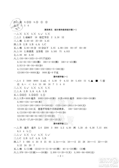 光明日报出版社2021大显身手素质教育单元测评卷数学四年级上册B版苏教版答案