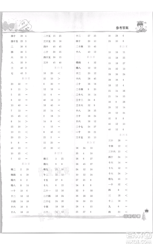 龙门书局2021黄冈小状元口算速算练习册二年级上册数学北师大版参考答案