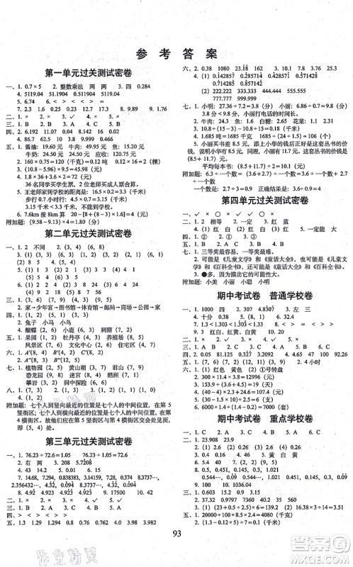 长春出版社2021期末冲刺100分完全试卷五年级数学上册RJ人教版答案 长春出版社2021期末冲刺100分完全试卷五年级数学上册RJ人教版答案