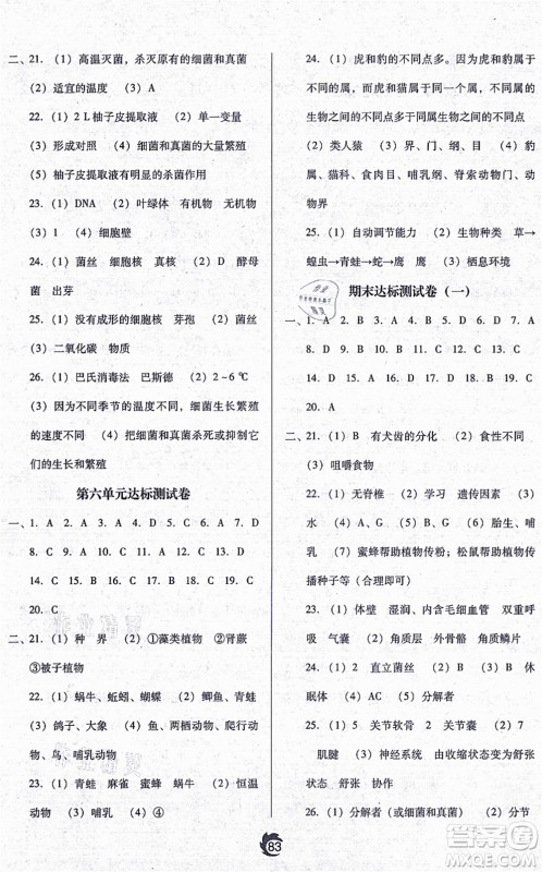 辽海出版社2021随堂小考八年级生物上册RJ人教版答案